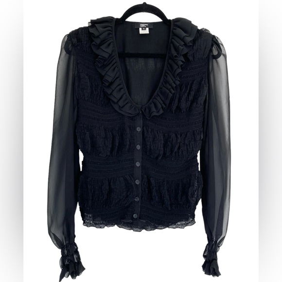 Philippe Adec Paris Ruffle Shirred Romantic Poetic Sheer Blouse Button Sexy Sz 6 - Picture 1 of 7